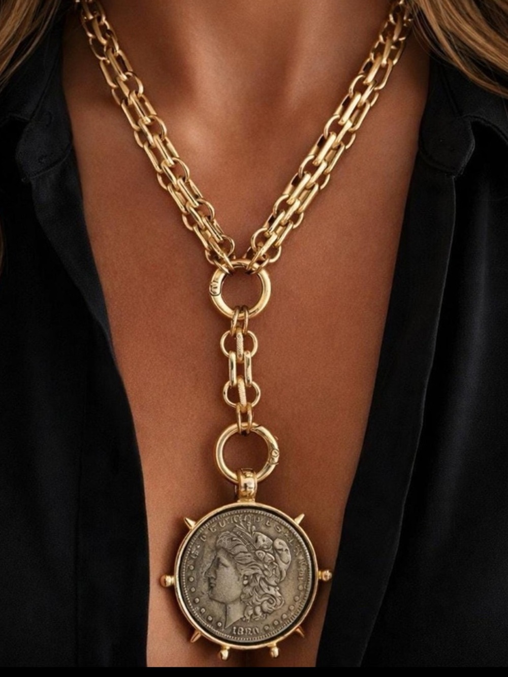 Large gold Morgan coin pendant necklace, Morgan Peace Dollar replica coin